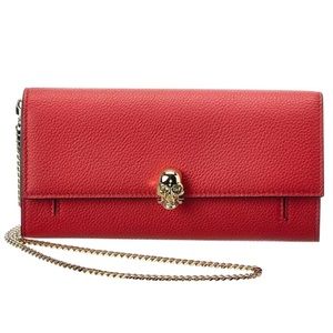 NEW Alexander McQueen Skull Leather Wallet On Chain Red Gold Crossbody